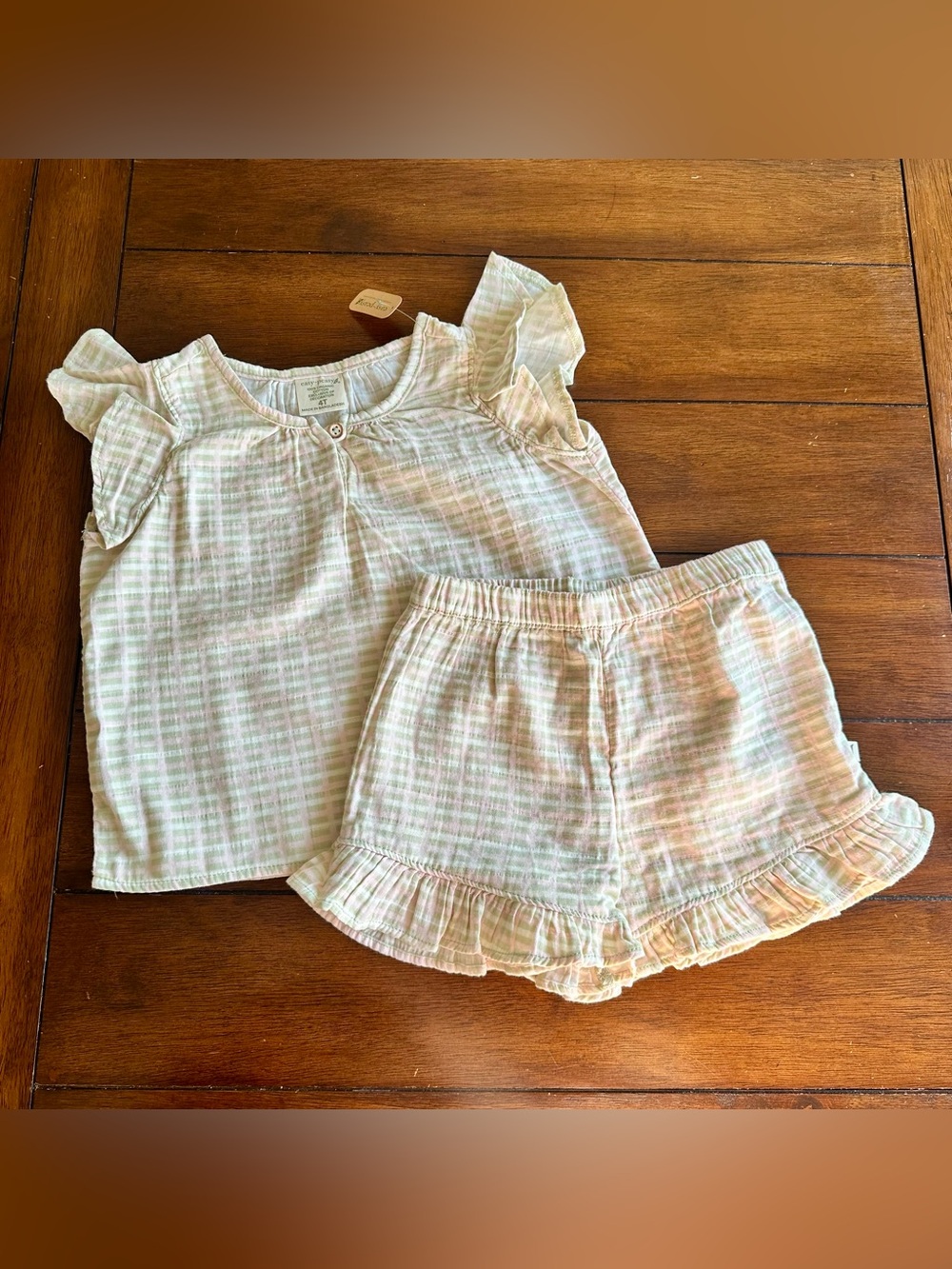 Easy Peasy Light Green / Pink Plaid Short Set | Size 4T